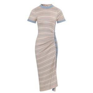 1138 • Asymmetrical Raw Edge Denim Trimmed Tan Striped Knit Dress